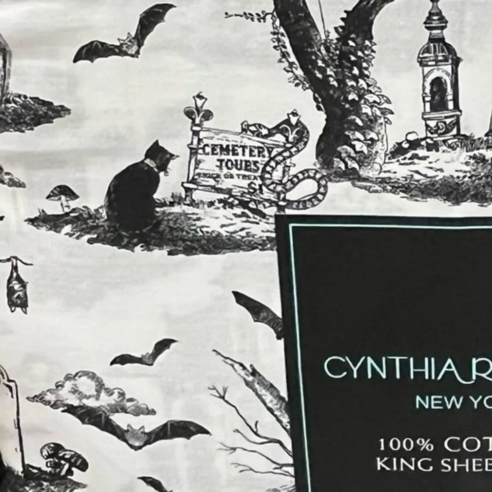Cynthia Rowley Halloween Haunted House Bat Pumpkin Toile Sheet Set (King)